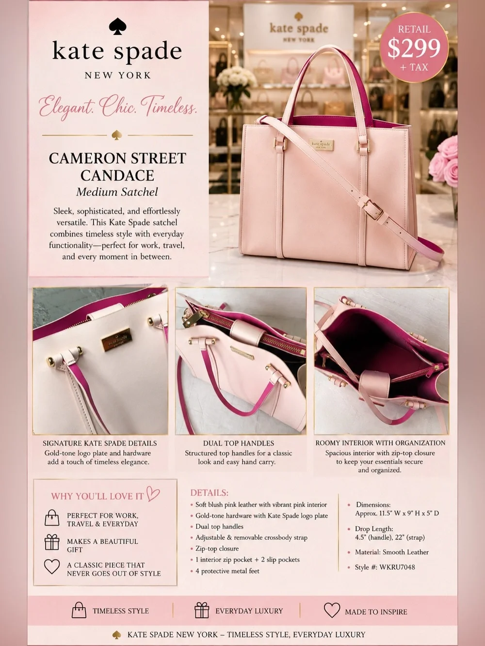 kate spade Pink Leather Satchel with Magenta Lining NWOT